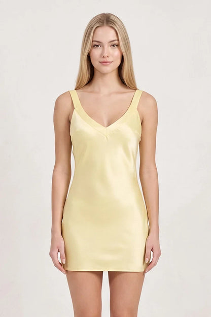 Elegant Sheath V-Neck Sleeveless Backless Silky Yellow Mini Homecoming Dress