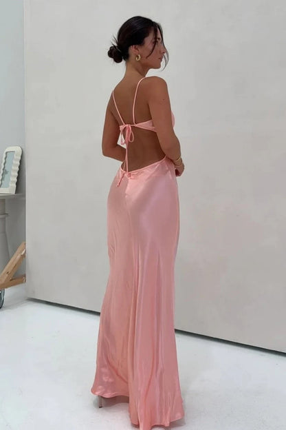Elegant Sheath V-Neck Sleeveless Cutout Backless Pink Long Prom Dresses Women