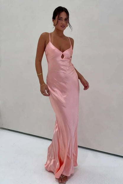 Elegant Sheath V-Neck Sleeveless Cutout Backless Pink Long Prom Dresses Women