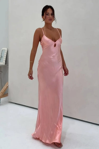 Elegant Sheath V-Neck Sleeveless Cutout Backless Pink Long Prom Dresses Women