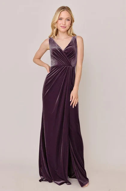 Elegant Sheath V-Neck Sleeveless Draped Plum Floor-Length Bridesmaid Gown