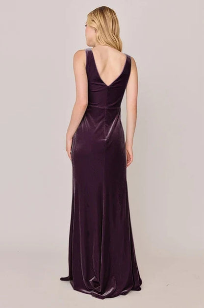 Elegant Sheath V-Neck Sleeveless Draped Plum Floor-Length Bridesmaid Gown