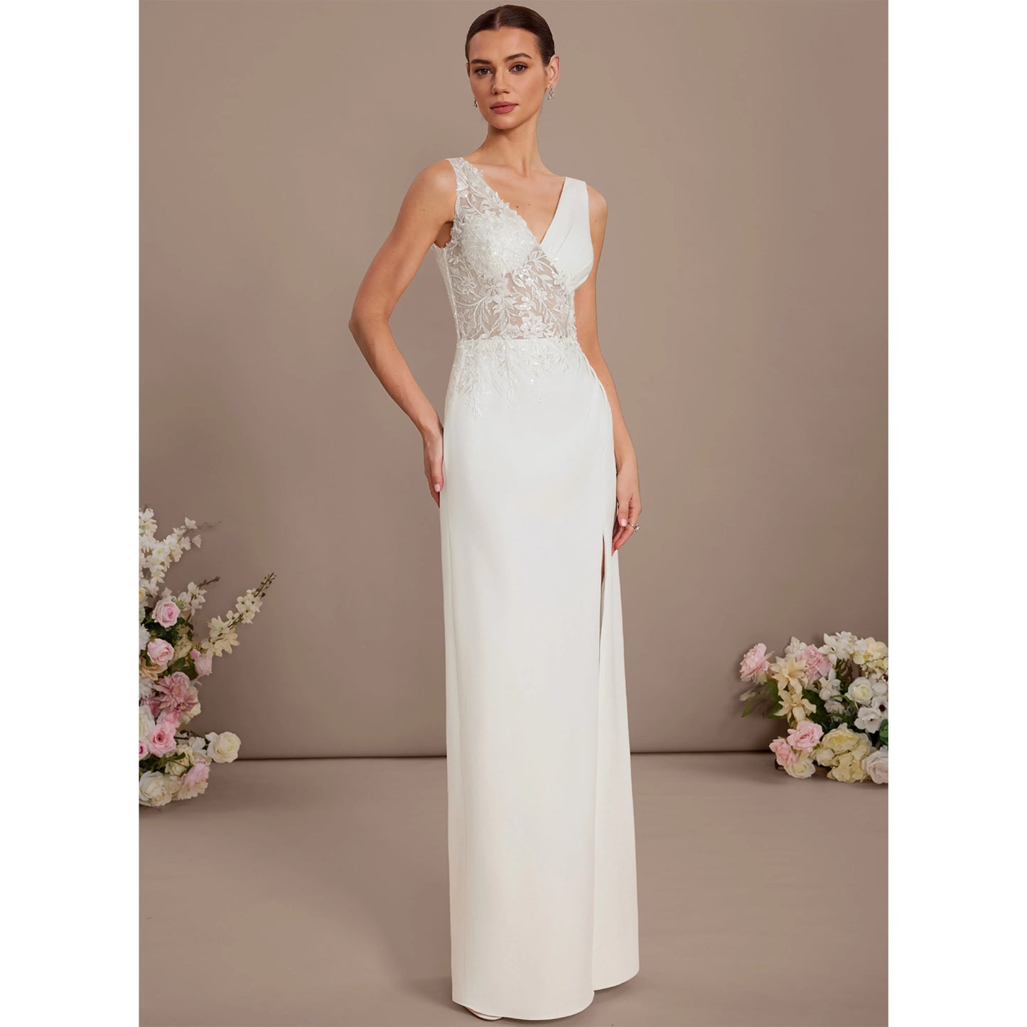 Elegant Sheath V-Neck Sleeveless Embroidered Slit Ivory Floor-Length Wedding Gown