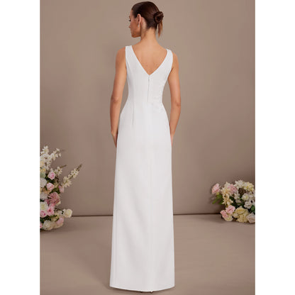 Elegant Sheath V-Neck Sleeveless Embroidered Slit Ivory Floor-Length Wedding Gown