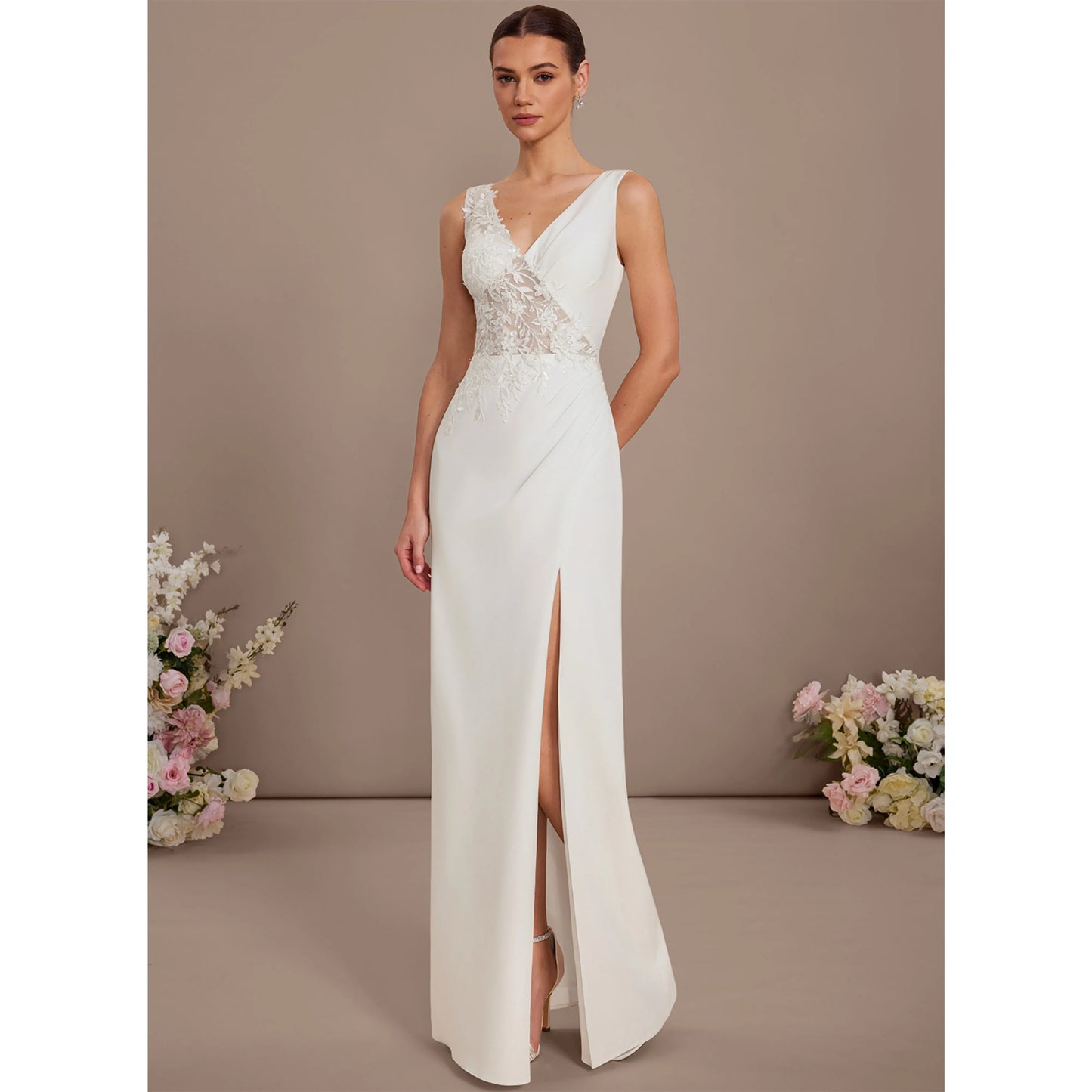 Elegant Sheath V-Neck Sleeveless Embroidered Slit Ivory Floor-Length Wedding Gown