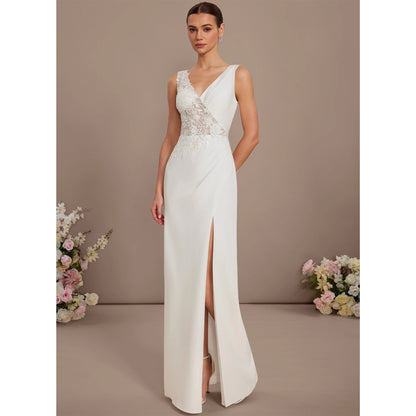 Elegant Sheath V-Neck Sleeveless Embroidered Slit Ivory Floor-Length Wedding Gown