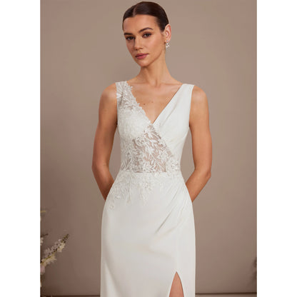 Elegant Sheath V-Neck Sleeveless Embroidered Slit Ivory Floor-Length Wedding Gown