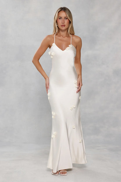 Elegant Sheath V-Neck Sleeveless Floral Open Back Ivory Floor-Length Prom Dresses Gown