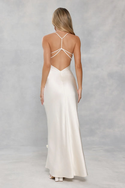 Elegant Sheath V-Neck Sleeveless Floral Open Back Ivory Floor-Length Prom Dresses Gown