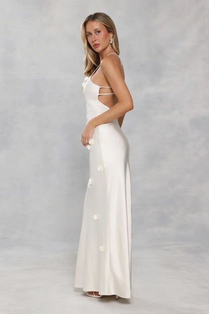 Elegant Sheath V-Neck Sleeveless Floral Open Back Ivory Floor-Length Prom Dresses Gown