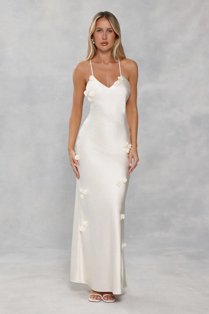 Elegant Sheath V-Neck Sleeveless Floral Open Back Ivory Floor-Length Prom Dresses Gown