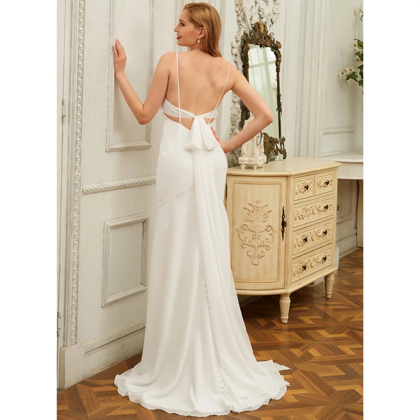 Elegant Sheath V-Neck Sleeveless Flowy Backless White Floor-Length Wedding Gown