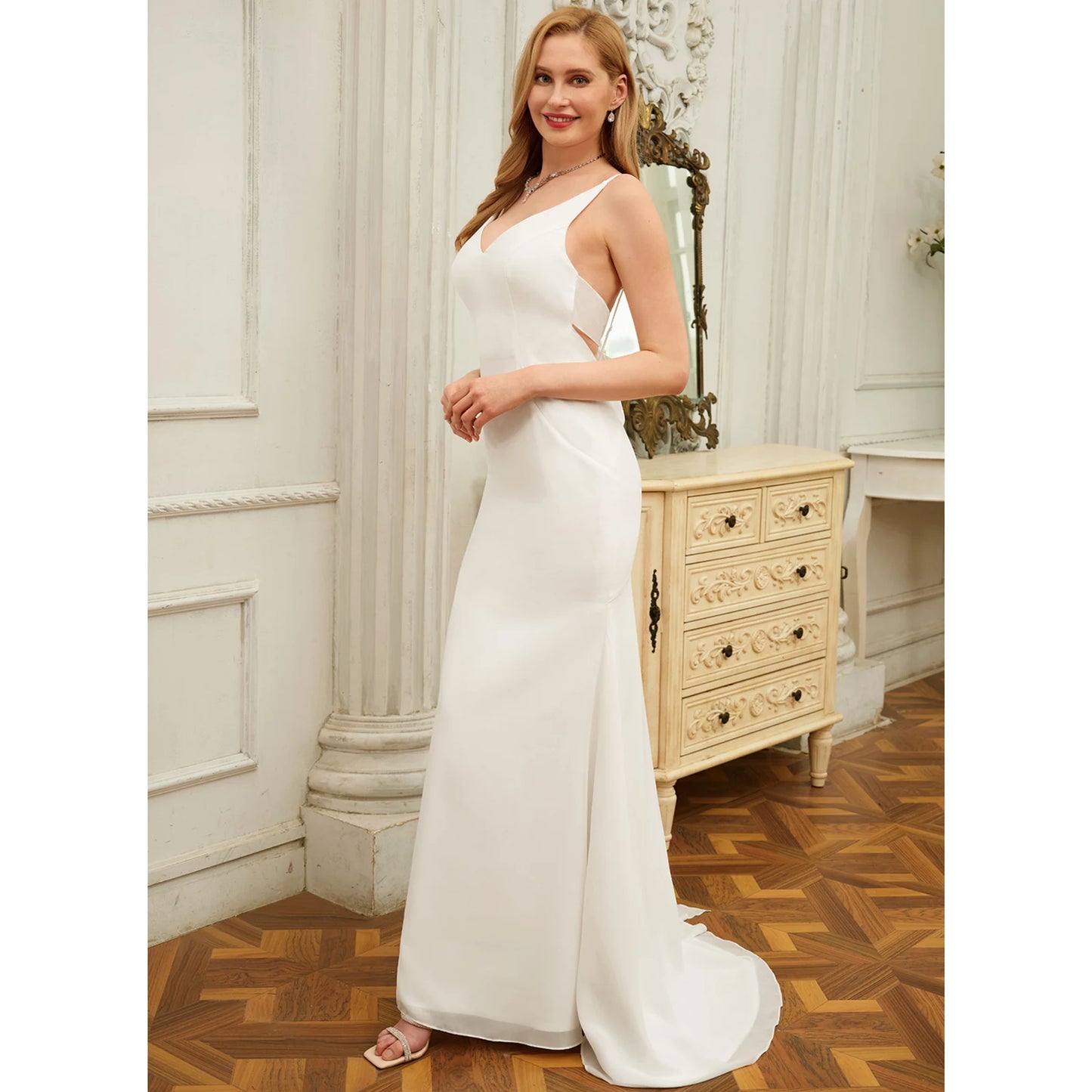 Elegant Sheath V-Neck Sleeveless Flowy Backless White Floor-Length Wedding Gown