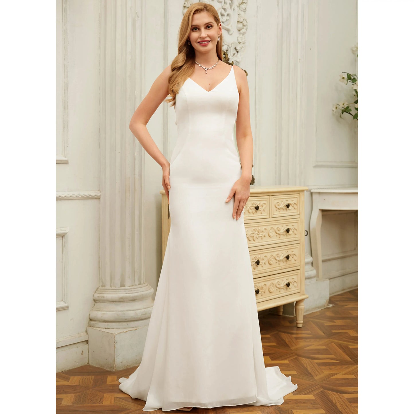 Elegant Sheath V-Neck Sleeveless Flowy Backless White Floor-Length Wedding Gown