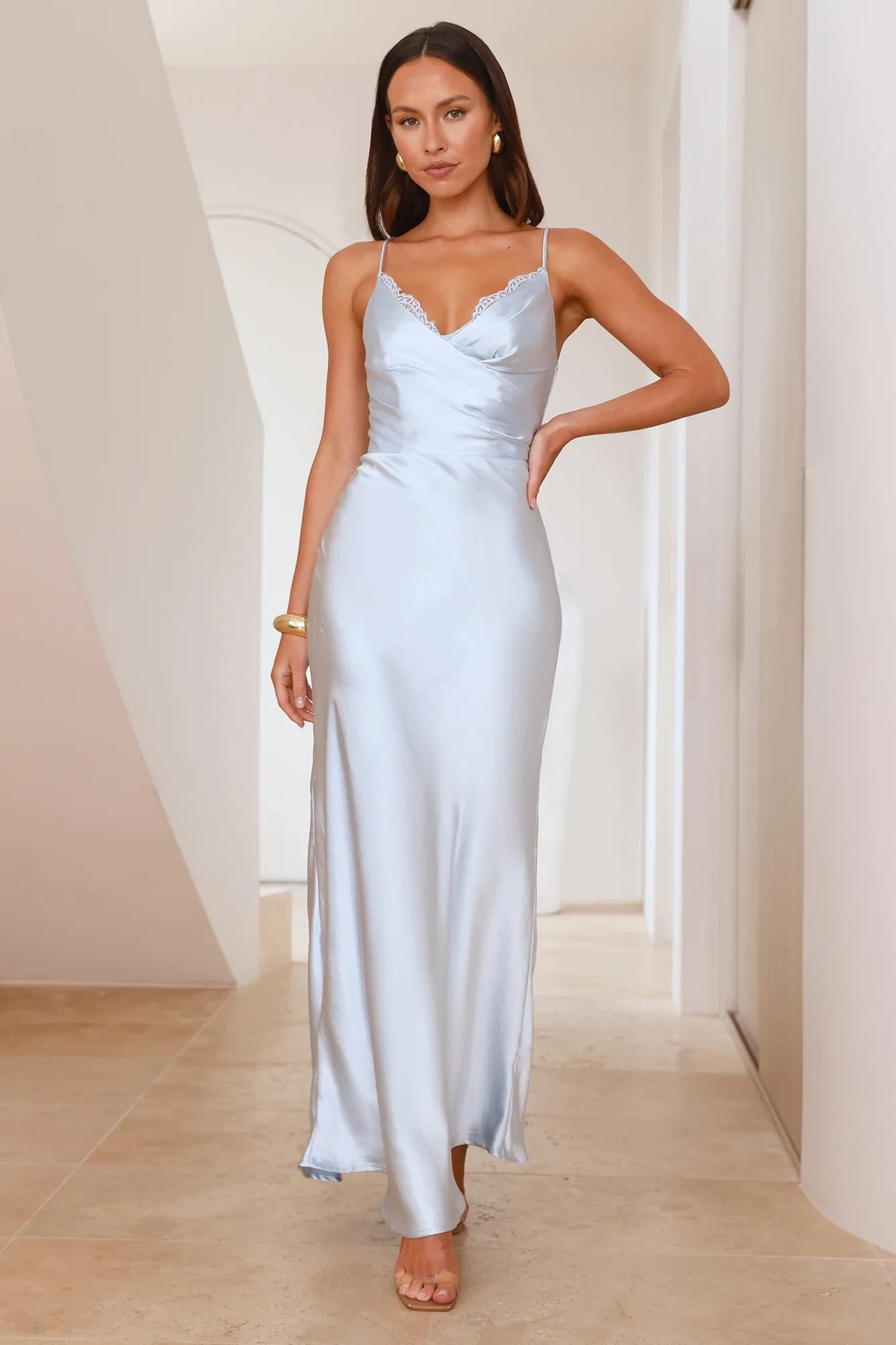 Elegant Sheath V-Neck Sleeveless Lace Backless Blue Maxi Evening Dresses Women