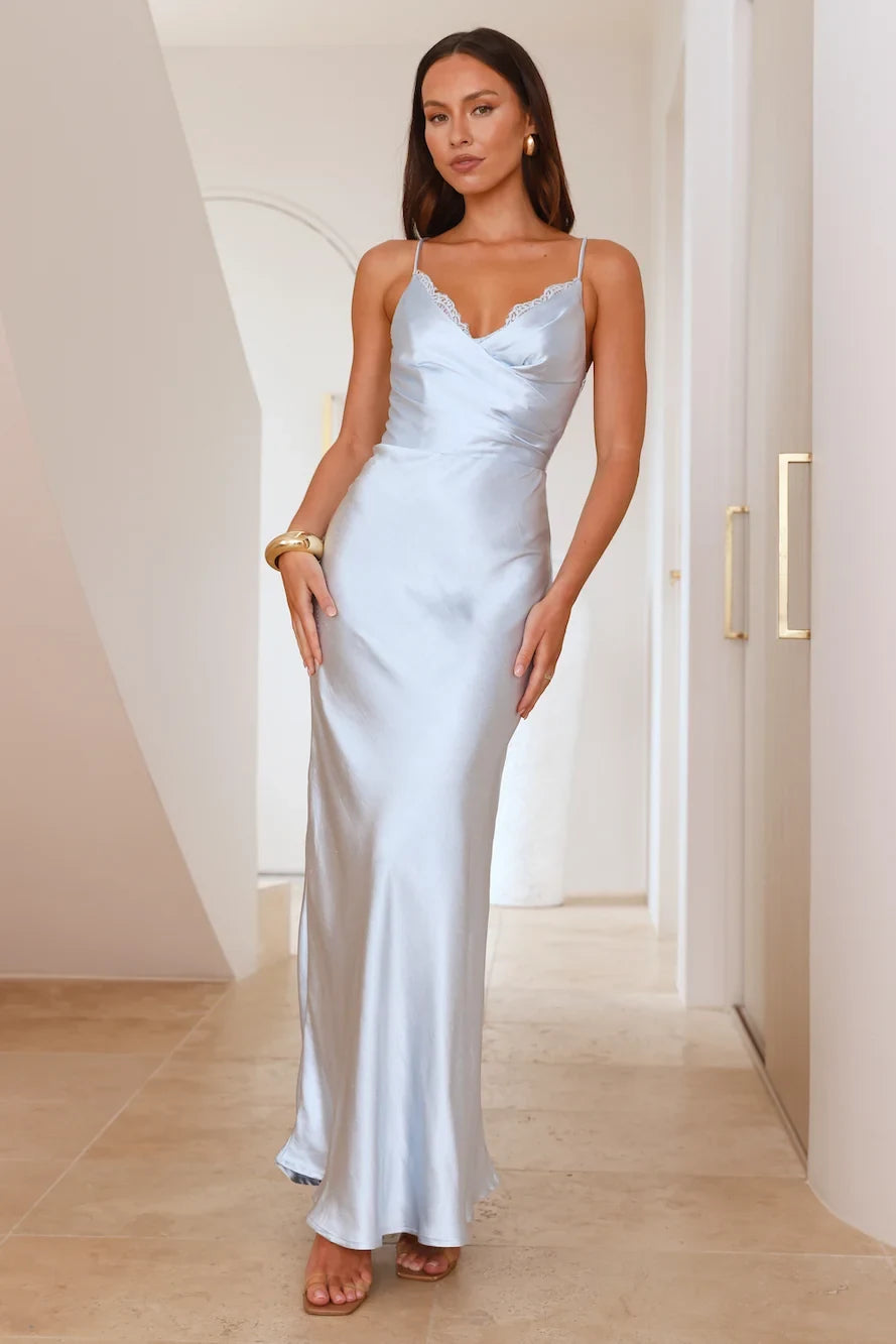 Elegant Sheath V-Neck Sleeveless Lace Backless Blue Maxi Evening Dresses Women