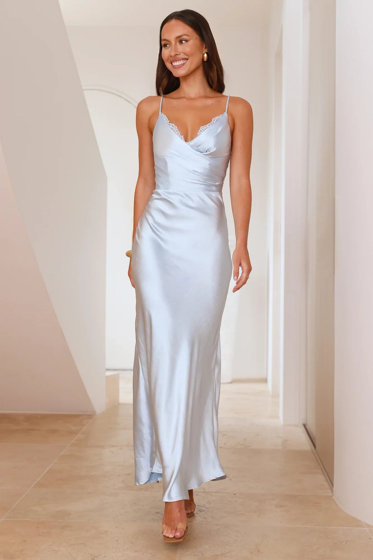 Elegant Sheath V-Neck Sleeveless Lace Backless Blue Maxi Evening Dresses Women