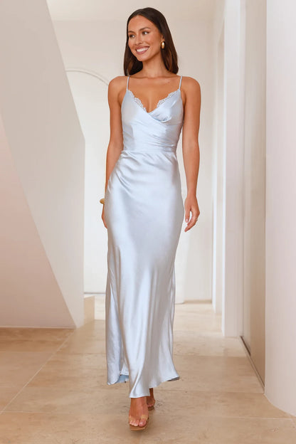 Elegant Sheath V-Neck Sleeveless Lace Backless Blue Maxi Evening Dresses Women
