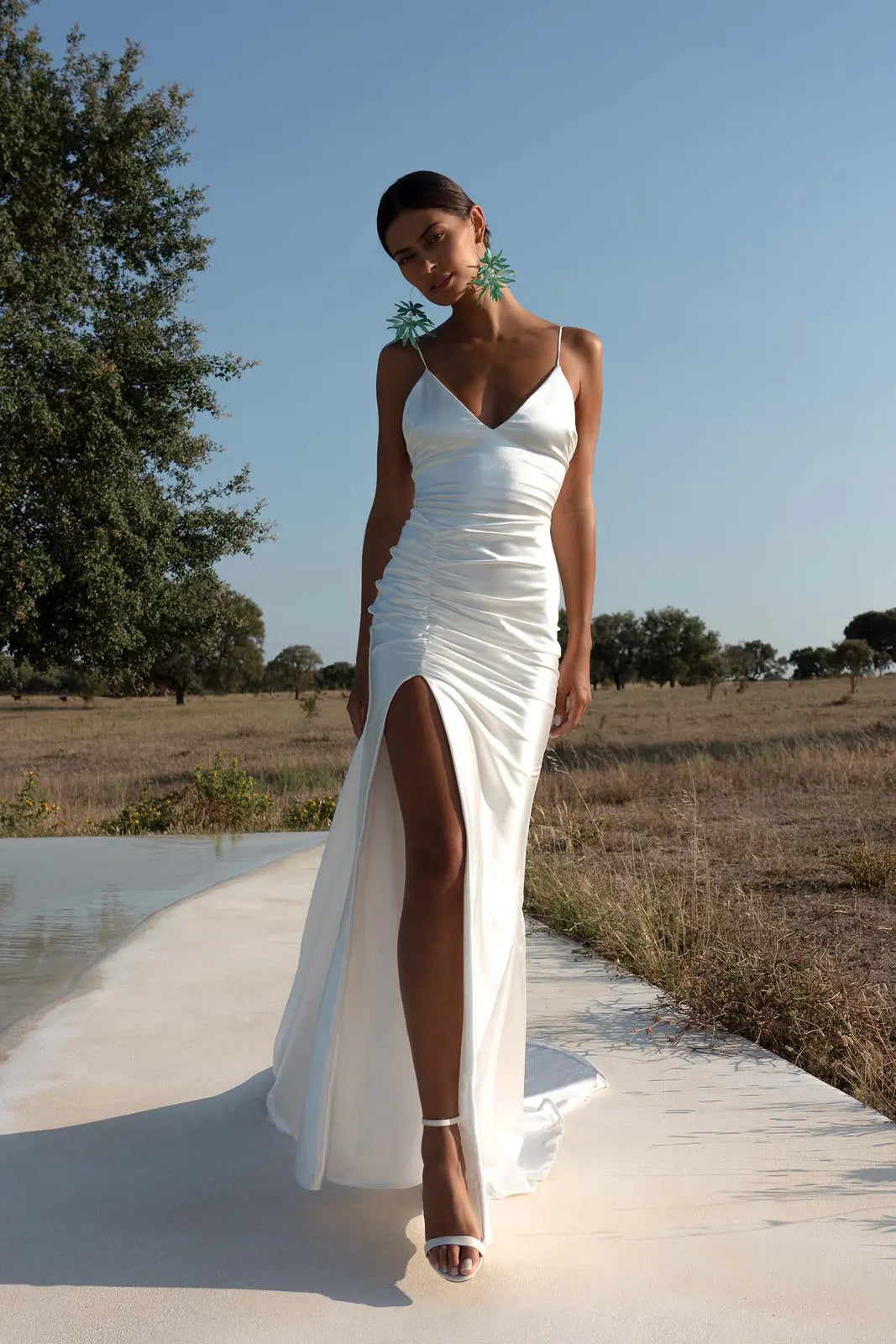 Elegant Sheath V-Neck Sleeveless Ruched High-Slit White Floor-Length Wedding Gown