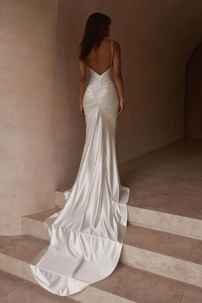 Elegant Sheath V-Neck Sleeveless Ruched High-Slit White Floor-Length Wedding Gown