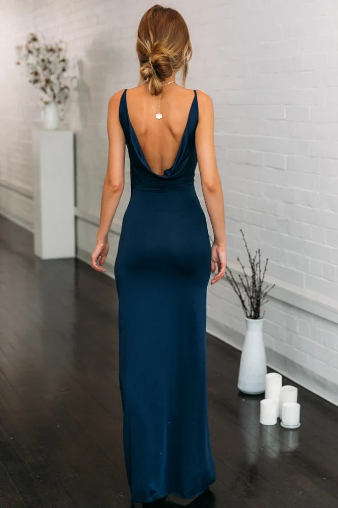 Elegant Sheath V-Neck Sleeveless Ruched Slit Deep Navy Floor-Length Prom Dresses Gown