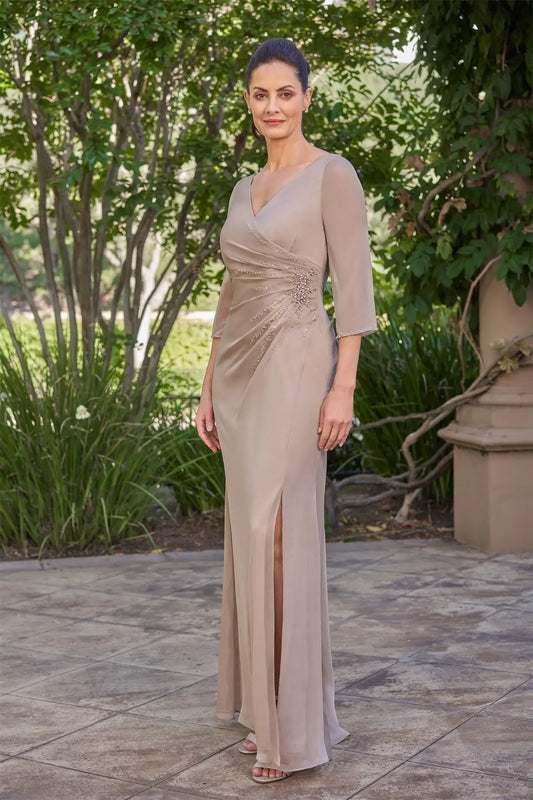 Elegant Sheath V-Neck Three-Quarter Sleeve Beaded Champagne Mother of the Bride Gown