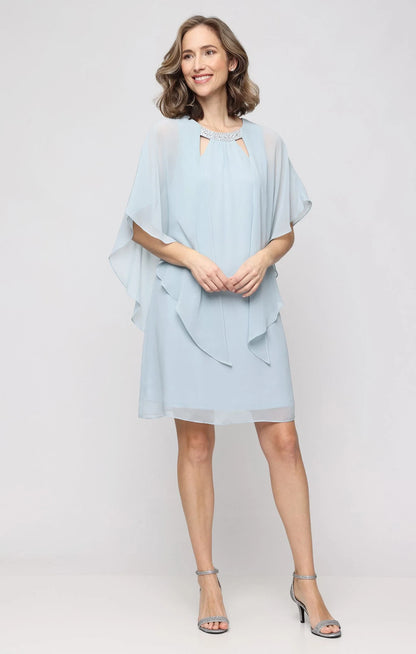 Elegant Shift Beaded Cape Blue Short Mother of the Bride Dress