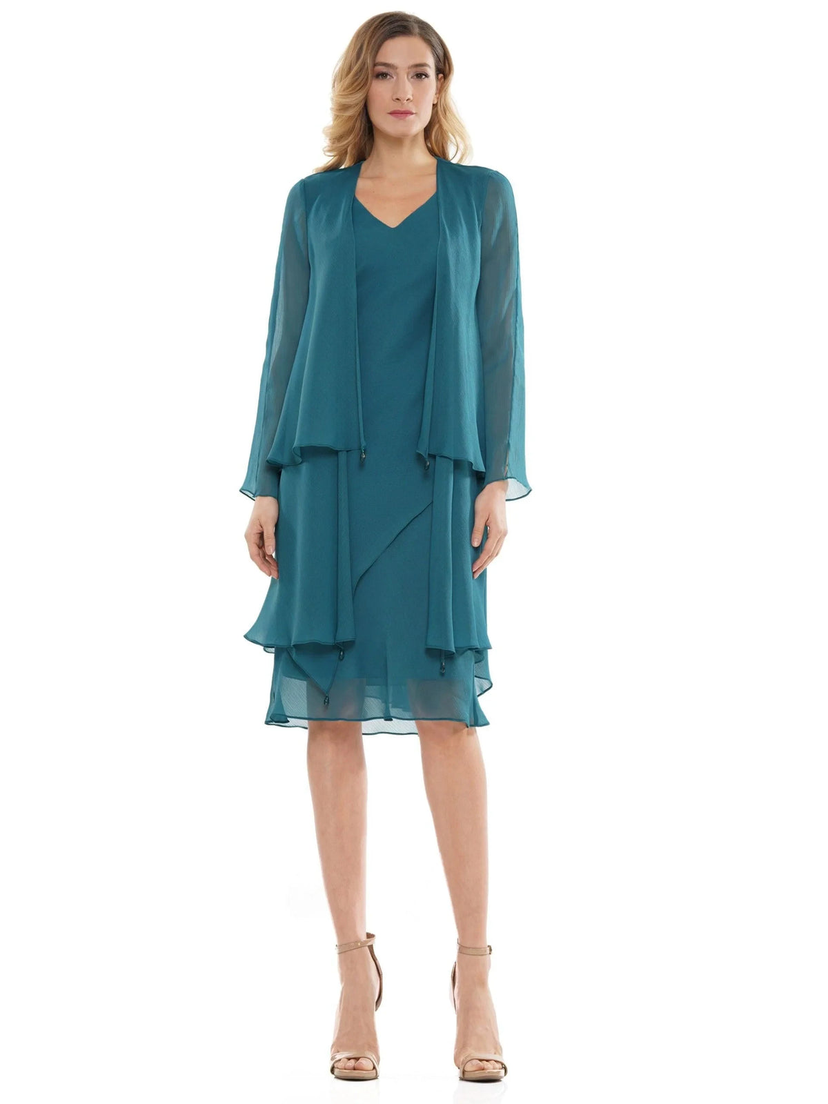 Elegant Shift V-Neck Tiered Teal Knee-Length Mother Of The Bride Dress
