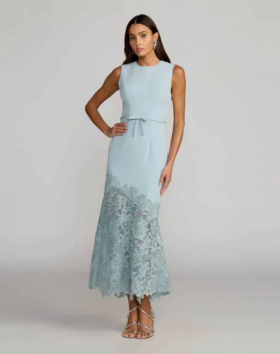 Elegant Sleeveless Round Neck Belted Lace Hem Dusty Blue Maxi Prom Dress