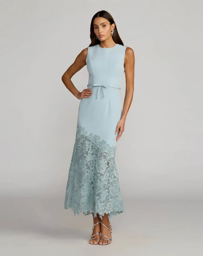 Elegant Sleeveless Round Neck Belted Lace Hem Dusty Blue Maxi Prom Dress