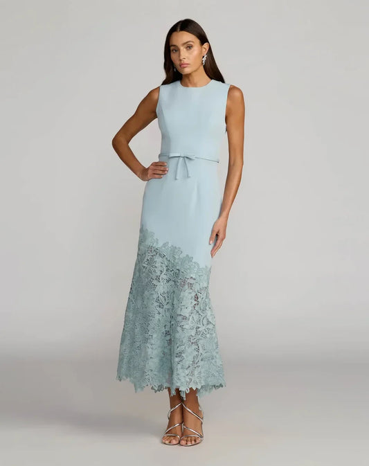 Elegant Sleeveless Round Neck Belted Lace Hem Dusty Blue Maxi Prom Dress