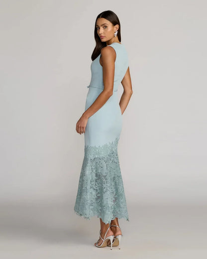 Elegant Sleeveless Round Neck Belted Lace Hem Dusty Blue Maxi Prom Dress