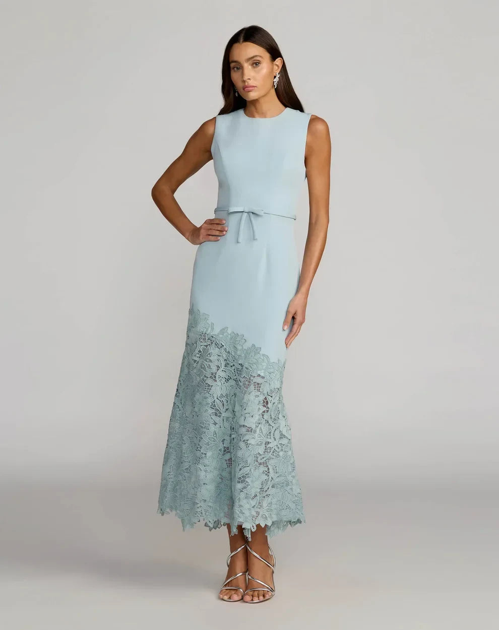 Elegant Sleeveless Round Neck Belted Lace Hem Dusty Blue Maxi Prom Dress