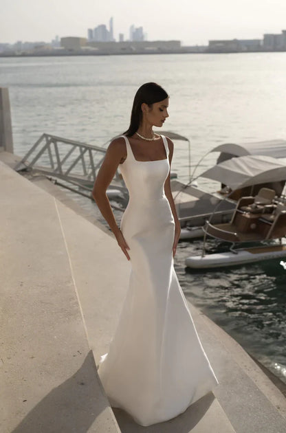 Elegant Sleeveless Square Neck Mermaid Minimalist Chic Ivory Floor-Length Wedding Gown