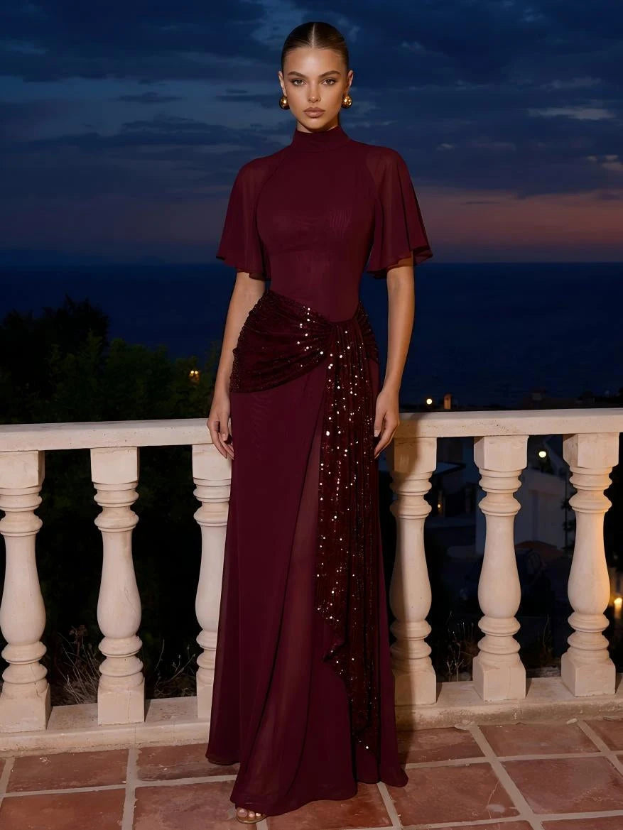Elegant Slim High-Neck Sleeved Sequin Draped Burgundy Maxi Prom Dresses Women
