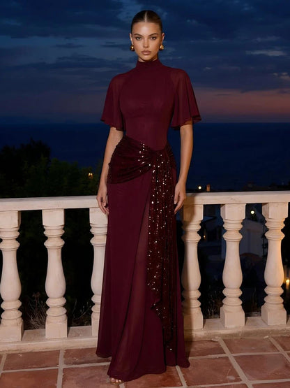 Elegant Slim High-Neck Sleeved Sequin Draped Burgundy Maxi Prom Dresses Women