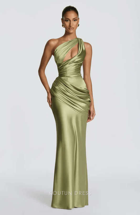 Elegant Slim One-Shoulder Draped Chic Olive Green Floor-Length Prom Dresses Women's Gown