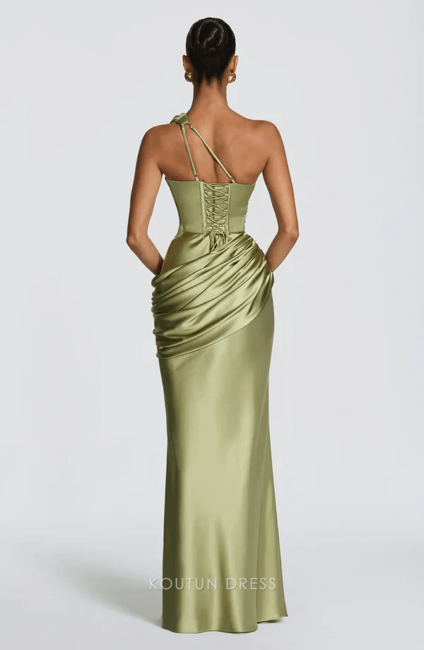 Elegant Slim One-Shoulder Draped Chic Olive Green Floor-Length Prom Dresses Women's Gown