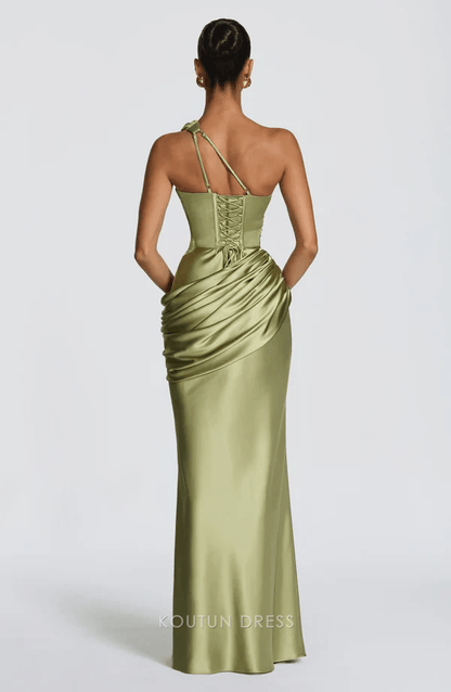 Elegant Slim One-Shoulder Draped Chic Olive Green Floor-Length Prom Dresses Women's Gown