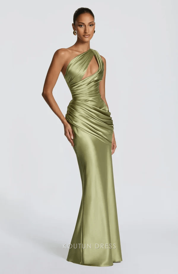 Elegant Slim One-Shoulder Draped Chic Olive Green Floor-Length Prom Dresses Women's Gown