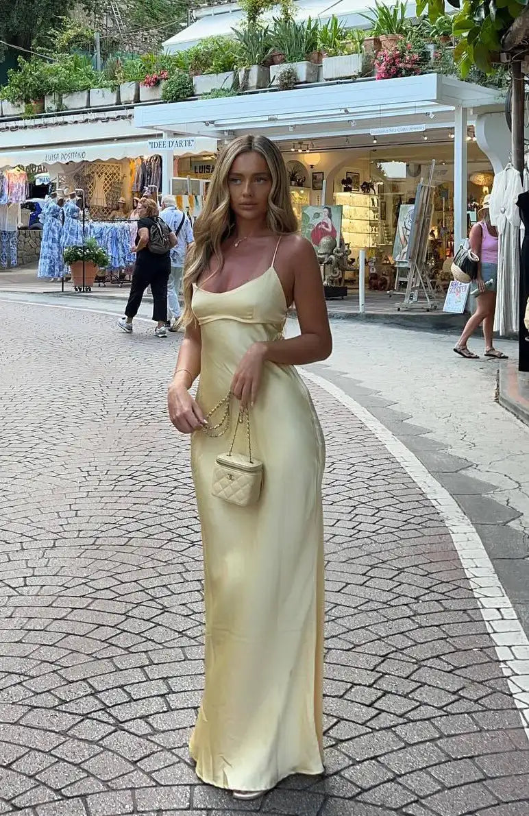 Elegant Slip Cowl Neck Sleeveless Backless Slit Champagne Maxi Prom Dress