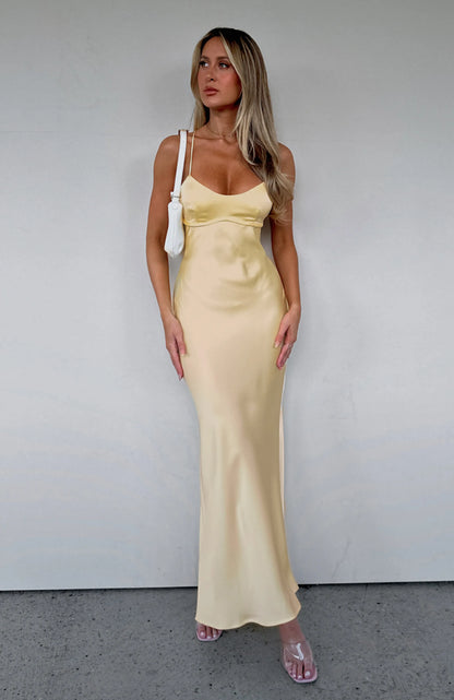 Elegant Slip Cowl Neck Sleeveless Backless Slit Champagne Maxi Prom Dress