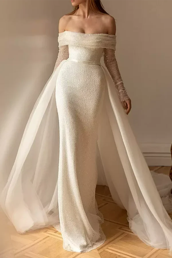 Elegant Sparkling Mermaid Off-Shoulder Long Sleeves White Floor-Length Wedding Gown