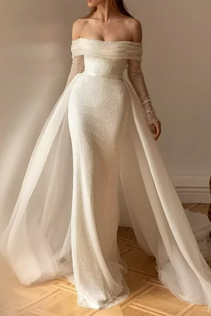 Elegant Sparkling Mermaid Off-Shoulder Long Sleeves White Floor-Length Wedding Gown