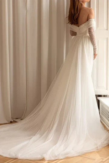 Elegant Sparkling Mermaid Off-Shoulder Long Sleeves White Floor-Length Wedding Gown