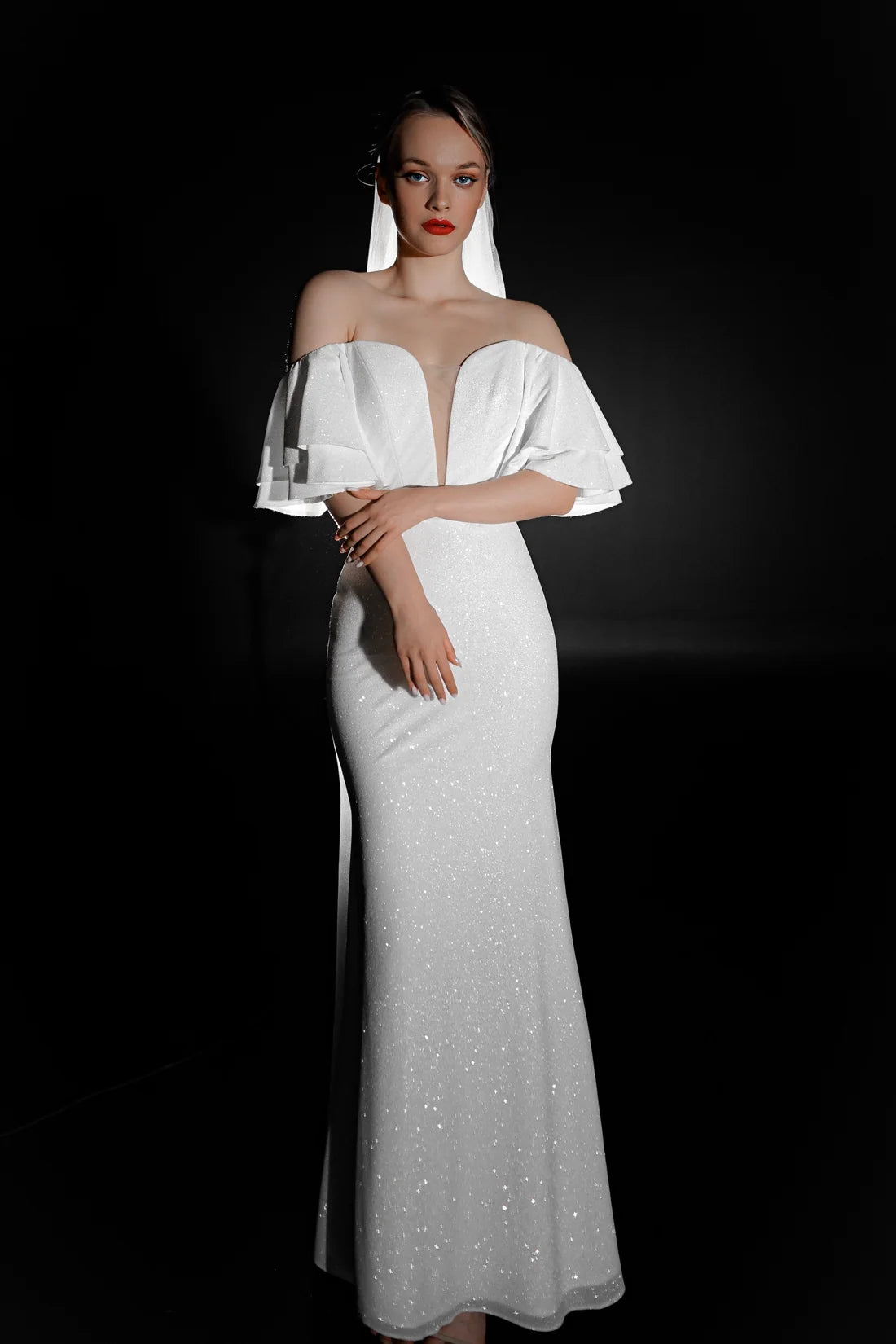Elegant Sparkly Ruffle Off-Shoulder Sweetheart Mermaid White Floor-Length Wedding Dresses