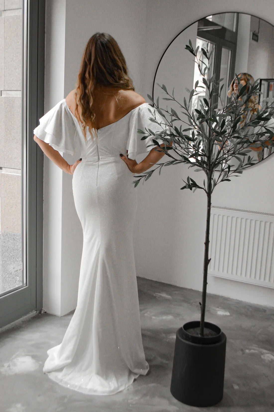Elegant Sparkly Ruffle Off-Shoulder Sweetheart Mermaid White Floor-Length Wedding Dresses