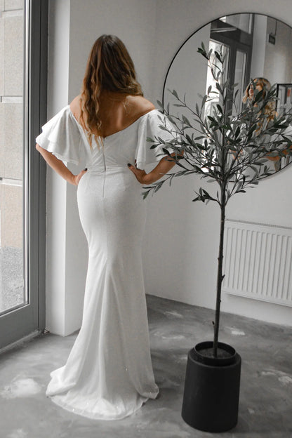 Elegant Sparkly Ruffle Off-Shoulder Sweetheart Mermaid White Floor-Length Wedding Dresses