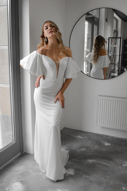 Elegant Sparkly Ruffle Off-Shoulder Sweetheart Mermaid White Floor-Length Wedding Dresses