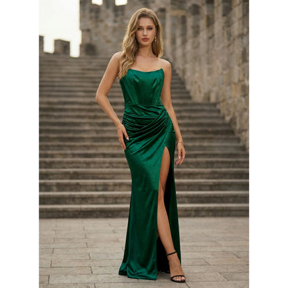 Elegant Strapless Ruched High Slit Emerald Green Floor-Length Prom Dress